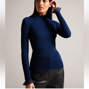 Ted Baker Dvana Frill Navy Long Sleeve Top Ribbed Sweater Long Sleeve